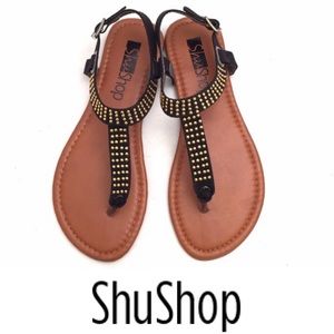 NWOT Vegan Suede Black and Gold Sandals